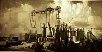 The construction of Hinkley Point power station in 1958 showing the Goliath Crane. A painting by Claude Buckle.