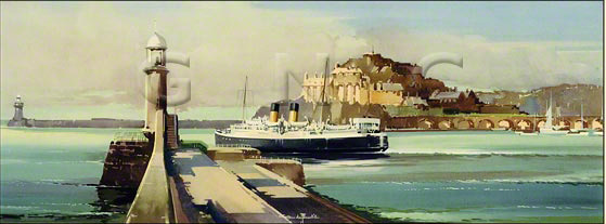 carriage print showing a ferry leaving St Peter Port in the channel island of Guernsey