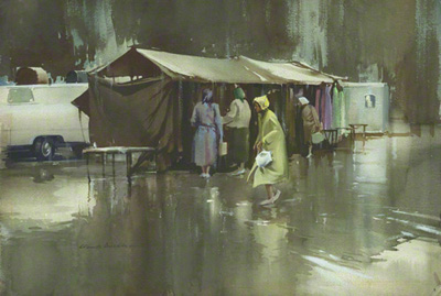 A water colour by Claude Buckle showing a wet market day in Salisbury