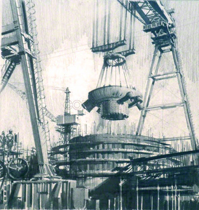 A pencil drawing of Hinkly Point A under construction in 1957 showing the Goliath Crane. 
