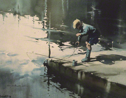 A watercolour by the artist Claude Buckle showing a small boy fishing from a jetty entitled Small 		       	    Fry