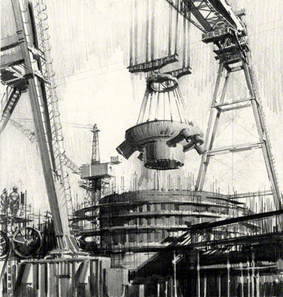 A pencil drawing of Hinkly Point A under construction in 1957 showing the Goliath Crane. 