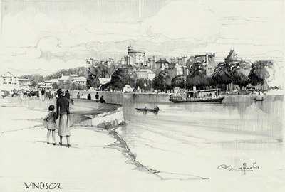 A pencil drawing of Windsor looking across the River Thames towards Windsor Castle by Claude Buckle