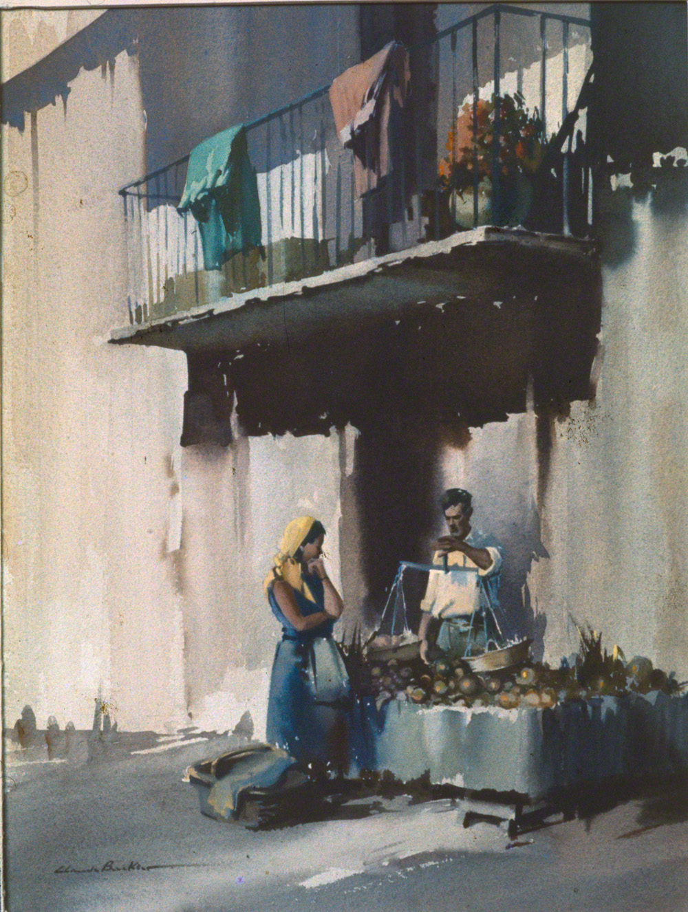 water colour of street vendor somewhere in Spain or France 