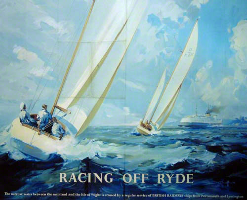 Railway poster racing off Ryde near the Isle of White depicting sailing. A painting by Claude Buckle.