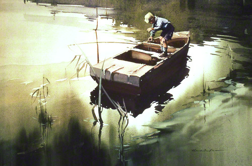 A water colour painting by Claude Buckle showing a small boy fishing from a raft/boat