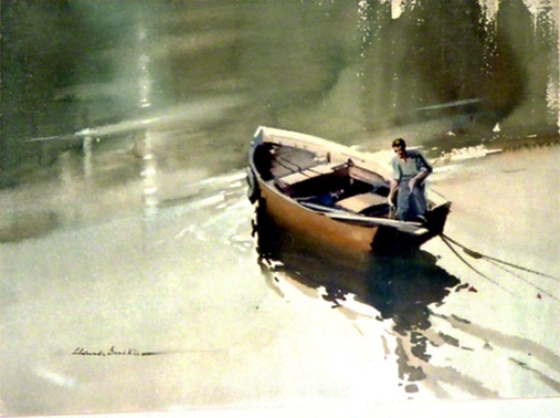 A water colour by Claude Buckle showing a dingy casting off