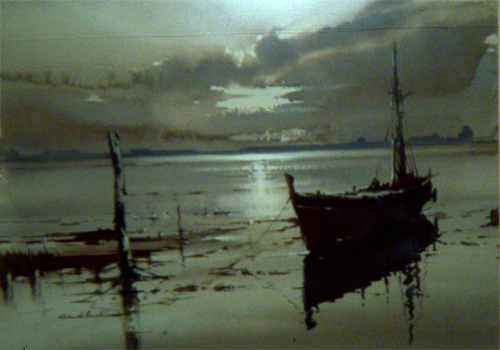 A water colour painting by Claude buckle showing a boat on a river estuary with the sun going down on the horizon