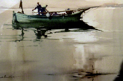 The Tide is Right a water colour painting of a fishing boat