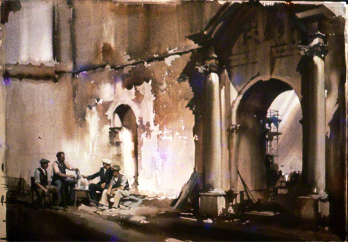 Painting of a view of the inside of a church being restored