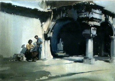 View of a painter 'the street artist' near entrance to town with man helping