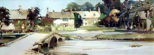 carriage print of Bourton-on-Water looking across the Windrush from the flat croft cottage