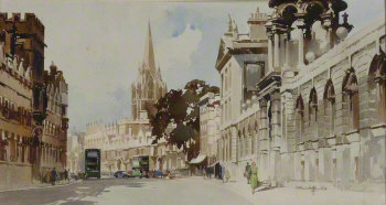 A carriage print looking along Oxford high street with the building on the right Queens colledge