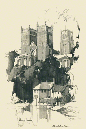 A pencil drawing of Durham Cathedral from across the river opposite the Cornmill by Claude Buckle