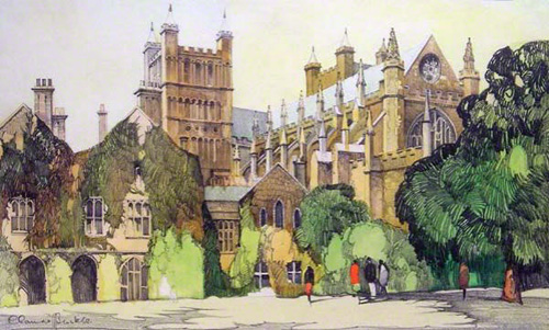 A pastel drawing of Exeter cathedral South East.