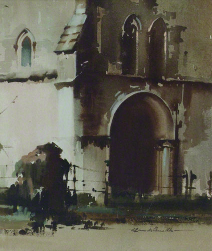 water colour painting of the church at Ile de Re France