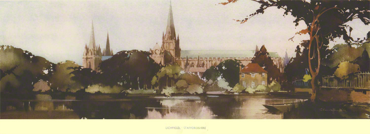 carriage print of Lichfield Cathedral from the minster pond