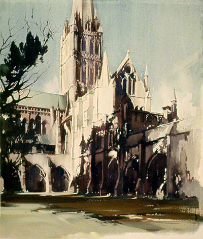 water colour painting of Salisbury Cathedral