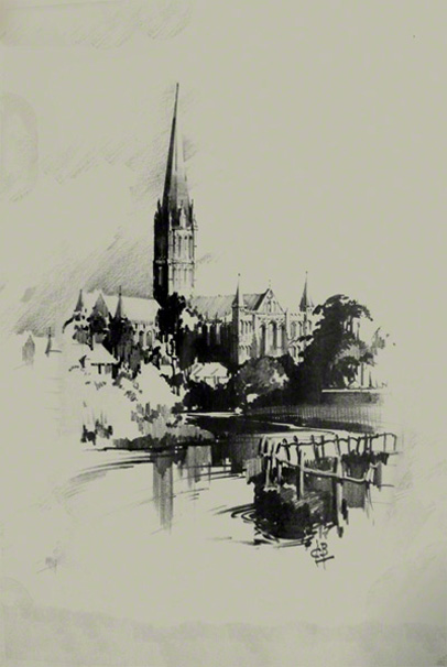 Pencil sketch of Salisbury Cathedral from the river Avon