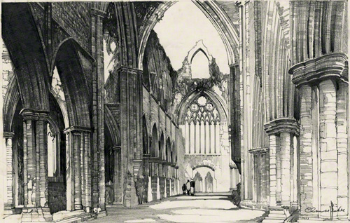 A pencil sketch of Tintern Abbey by Claude Buckle. A view form inside.