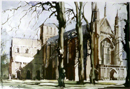 The west front of Winchester Cathedral in winter