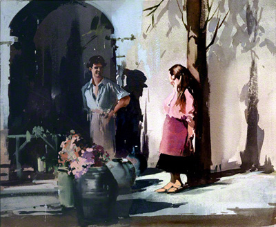 A water colour painting showing an encounter between a man and a women by Claude Buckle