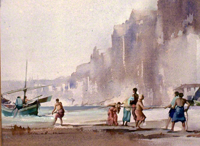 Water colour painting by Claude Buckle showing a group of fisherman hauling in a fishing boat.