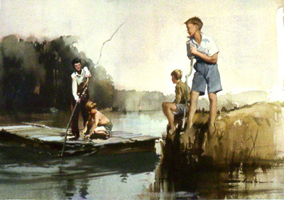 A water colour by Claude Buckle showing a group of boys playing at rafting in a river