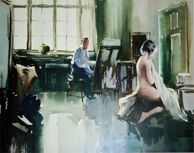 water colour by Claude Buckle showing a model posing in the artists studio