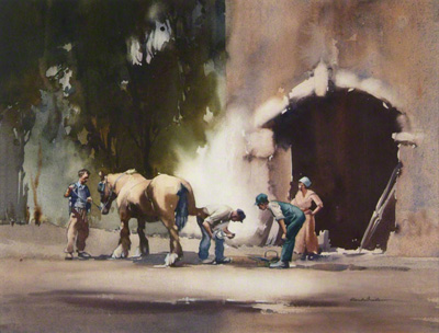 A water colour by Claude Buckle showing the Smithy at work shoeing a horse