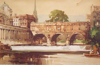 Bath showing  The Pulteney Bridge 1930.Railway Poster Claude Buckle.