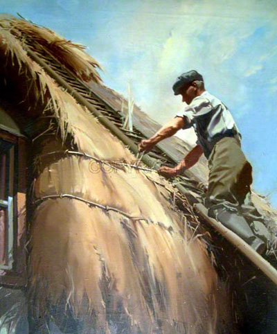 A large oil painting showing the Thatcher at work on Dean Cottage. 1948.