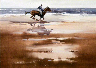 A water colour of a horse and rider on a beach. A water colour by Claude Buckle.