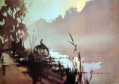 A water colour by Claude Buckle showing a horse and rider in the early morning
