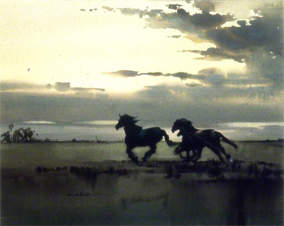 A water colour by Claude Buckle showing horses galloping in the late evening