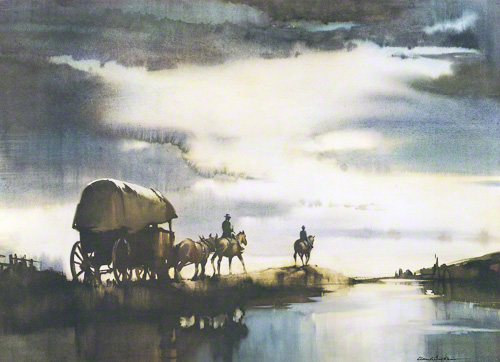 A water colour painting by Claude Buckle entitled 'Into the Dawn'Buckle