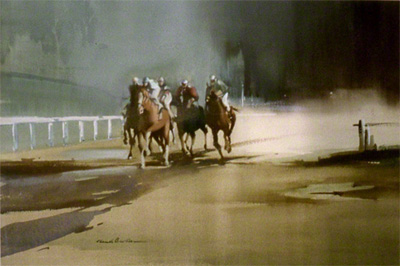 A water colour picture by Claude Buckle of a horse race