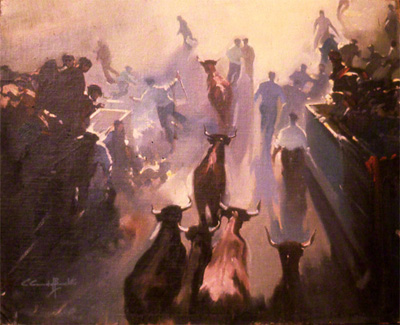 Oil painting by Claude Buckle showing the event in Pamplona 'running of the bulls'