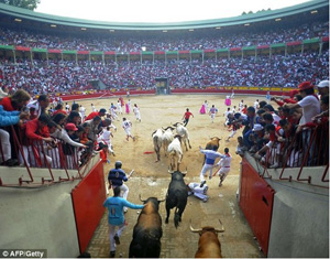 The event in Pamplona 'running of the bulls'. The photo shows the entrance of the bull ring at the end of the run.