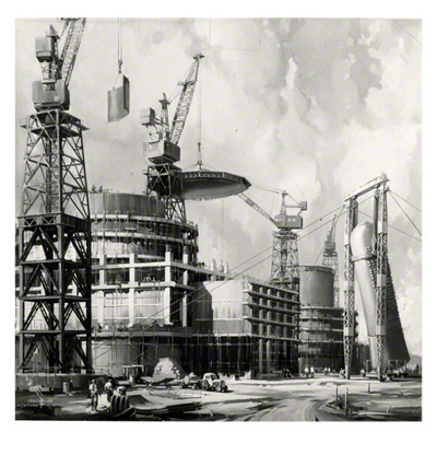 The finished oil painting of Berkeley Nuclear Power Station under construction