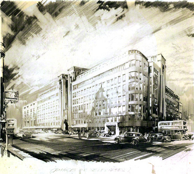 pencil drawing of the department store at Holborn Circus Gamages 