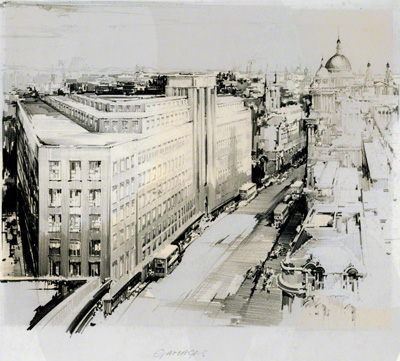 Pencil Drawing with view looking towards St Paul's from Holborn Circus