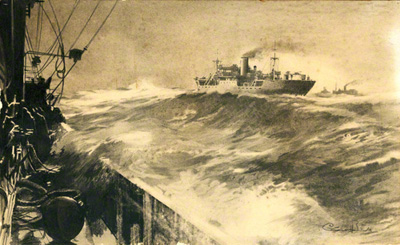 Picture showing a rough Atlantic swell from the side of ship in convoy. Just before the start of world war two.