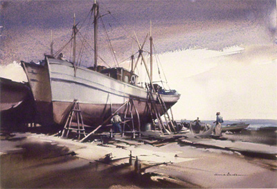 water colour painting of two boats being repaired on a beach