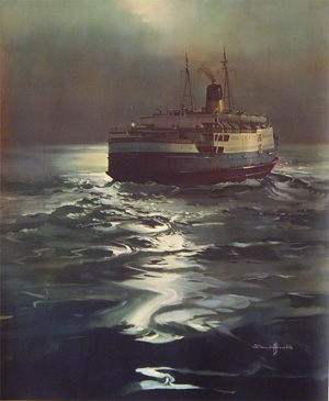 An oil painting of the Irish ferry crossing the Irish see. From a the famous Claude Buckle poster Heysham for Northern Ireland
