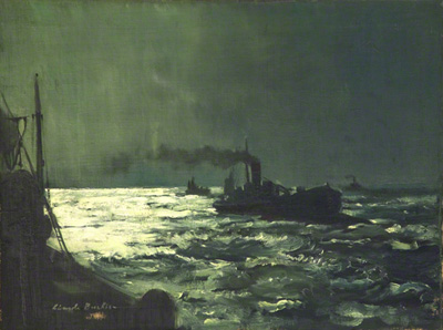view of fishing returning to port at night