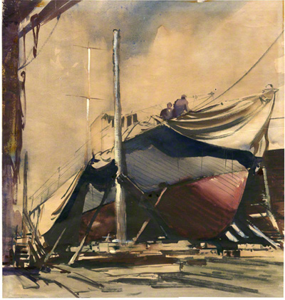 Sketch in charcoal and water colour showing a large boat being re-fitted