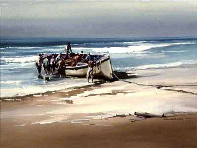 water colour of the sea and large sail boat on beach