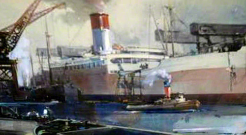 A painting is showing the unloading of a cargo vessel on the Thames in the 1930's