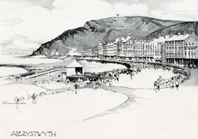 pencil drawing of Aberystwyth showing the beach looking north towards the Aberystwyth Cliff Railway